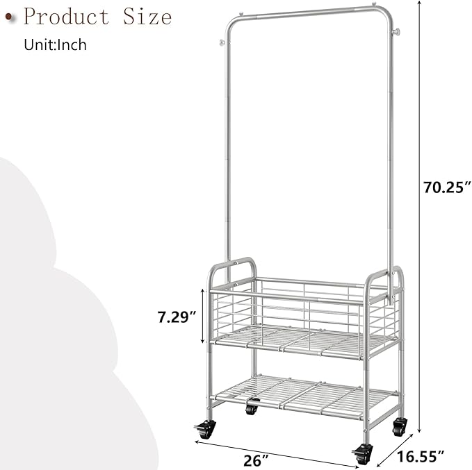 SUOERNUO Laundry Cart with Hanging Rack Rolling Laundry Hamper Sorter with Wheels Shelf,Grey
