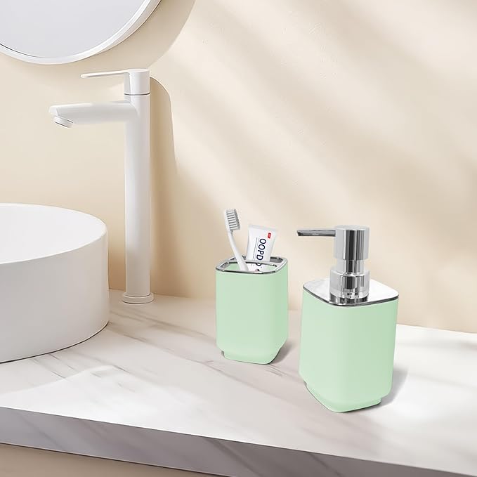 2Pack Sage Green Bathroom Accessories Set, Bohemian Bathroom Sink Set, Contain Soap Dispenser, Toothbrush Holder, Bathroom Toothbrush Holder Set