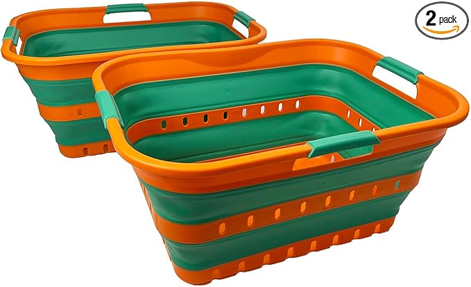 SAMMART 42L (11 gallons) Set of 2 Plastic Foldable Storage Basket/Container - Collapsible, Space Saving and Portable Laundry Hamper, Ideal for Home, Travel, Dorm (2, Autumn Leaf/Forest Green)