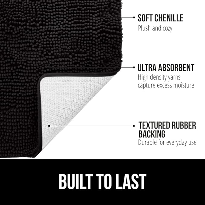 GORILLA GRIP Bath Rug Mat 48x17, Thick Soft Absorbent Chenille, Quick Dry Microfiber Mats, Rubber Backing Washable Shower Floor Rugs, Bathmat Runner, US Designed Bathroom Home Decor Accessories Black
