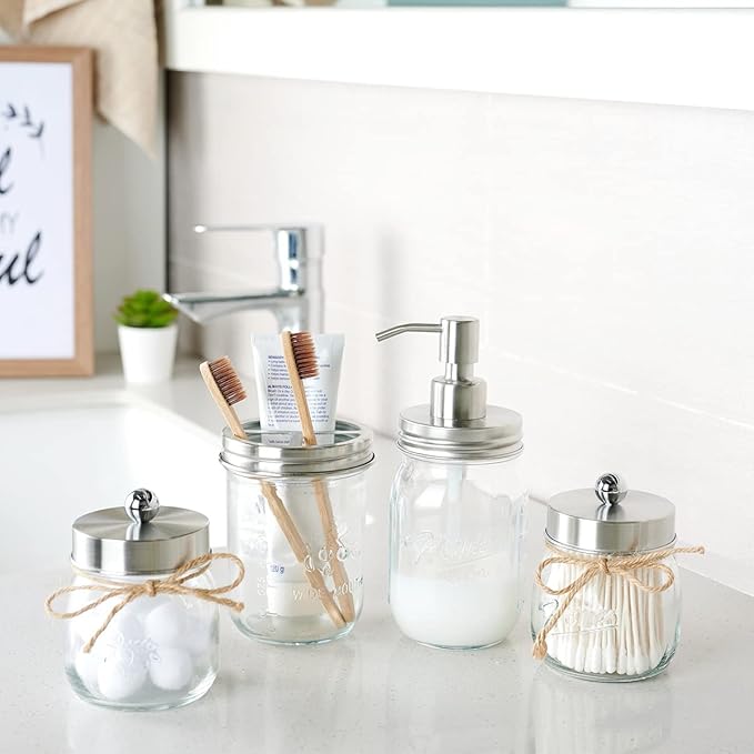 Amolliar Mason Jar Bathroom Accessories Set(4 Pcs) -Lotion Soap Dispenser & 2 Qtip Holder & Toothbrush Holder-Rustic Farmhouse Decor, Countertop Vanity Organize, Bathroom Home Decor (Brushed Nickel)