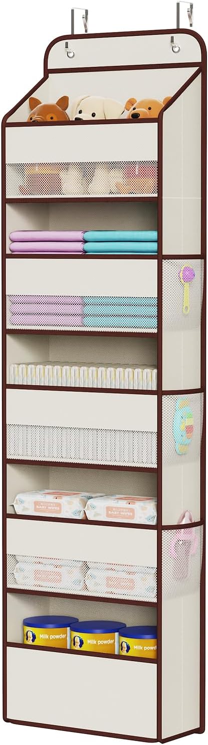 Univivi 1 Pack Over The Door Organizer, Non-Tilting Over The Door Organizer Hanging Door Storage With 5 Large Compartments 6 Side Pockets for Nursery Storage (Beige)
