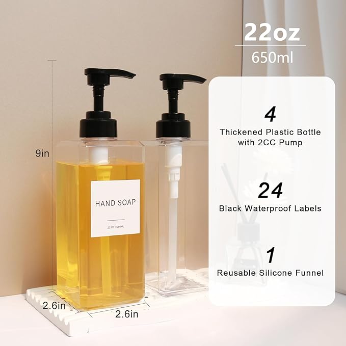 Clear Soap Dispenser with Waterproof Labels, Thickened Plastic Hand Soap Dispenser for Bathroom, Kitchen Dish Washing Liquid Bottles, Shampoo and Conditioner Bottles with Funnel (22oz 4Pack Clear)
