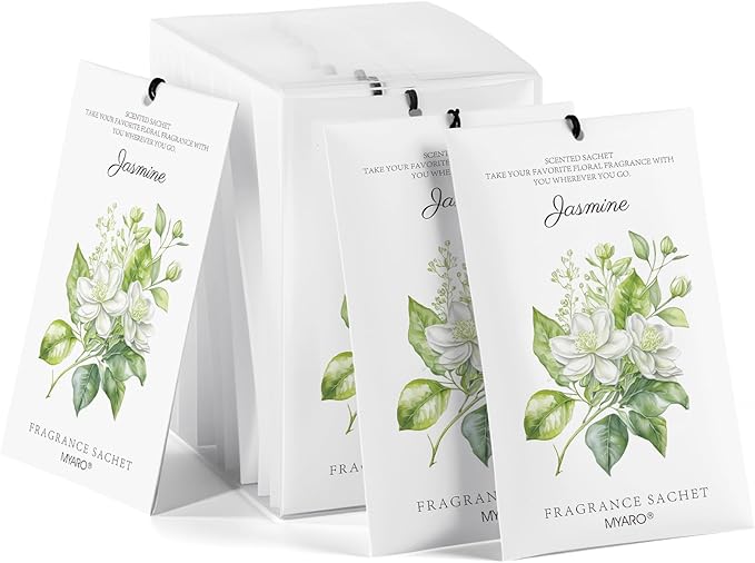 MYARO 12 Pack Jasmine Scented Sachets for Drawer, Closet & Small Spaces Air Freshener Bags, Odor Eliminator for Car, Shoes, Gym Bag Home Fragrance Gift Set