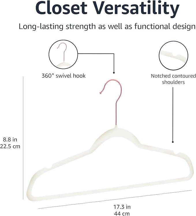Amazon Basics Slim, Velvet, Non-Slip Suit Clothes Hangers, Ivory/Rose Gold - Pack of 100