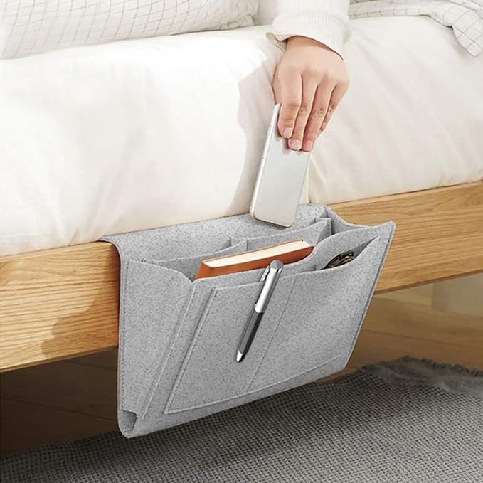 Bringsine 5 Pockets Bedside Caddy, Felt Bed Storage Organizer Hanging Bag Holder for Magazine Book Phone Tablet iPad Cables Remote and Water Bottle Holder Home Dorm Bed Sofa-Light Gray