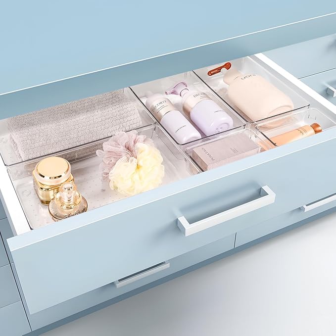3 PCS Large Drawer Organizer, 3Sizes Plastic Versatile Desk Drawer Organizer Trays with Non-Slip Silicone Pads, Storage Bins for Makeup, Office, Kitchen Gadgets Utensils, Bedroom, Tools, Bathroom