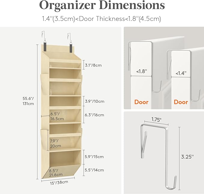 Lifewit 1 Pack Over the Door Organizer, Clear Window Hanging Storage with 4 Mesh Side Pockets, Anti Tilt 40 lbs Load Behind Door for Pantry, Nursery, Bathroom, Bedroom, Dorm, 5 Section, Beige