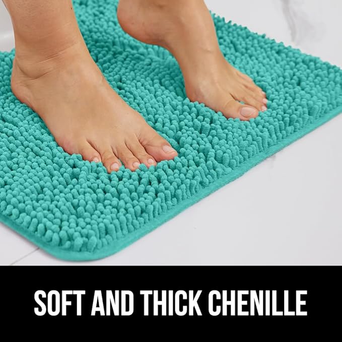 GORILLA GRIP Plush Absorbent Shaggy Chenille Bath Rug Mat for Square Toilet Base with Rubber Backing, Machine Washable Rugs, Soft Microfiber Contour Mats for Toilets, Bathroom Decor, Turquoise