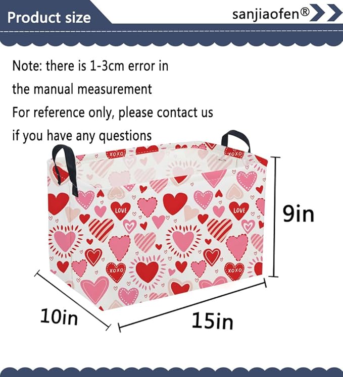 Sanjiaofeng Rectangular Valentine's Day Basket Love Storage Bins,Girls Storage Basket with Handles.Clothers,Books,Kid's Gifts Bins. (Pink Line Love)