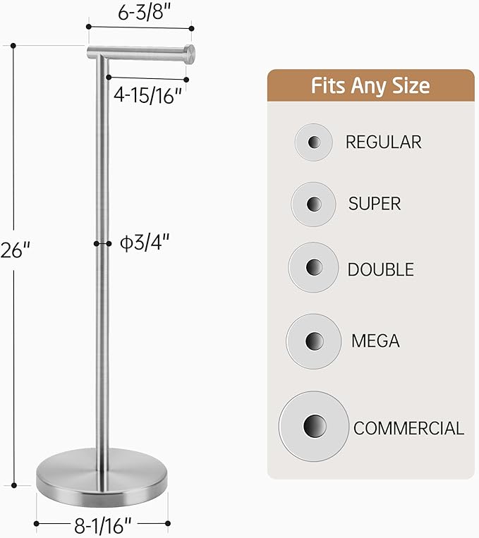 KES Toilet Paper Holder Stand 26" H (Taller Version), Free Standing Toilet Paper Roll Holder with Weighted Base for Bathroom, Rustproof SUS304 Stainless Steel Brushed Finish, BPH283S66-2