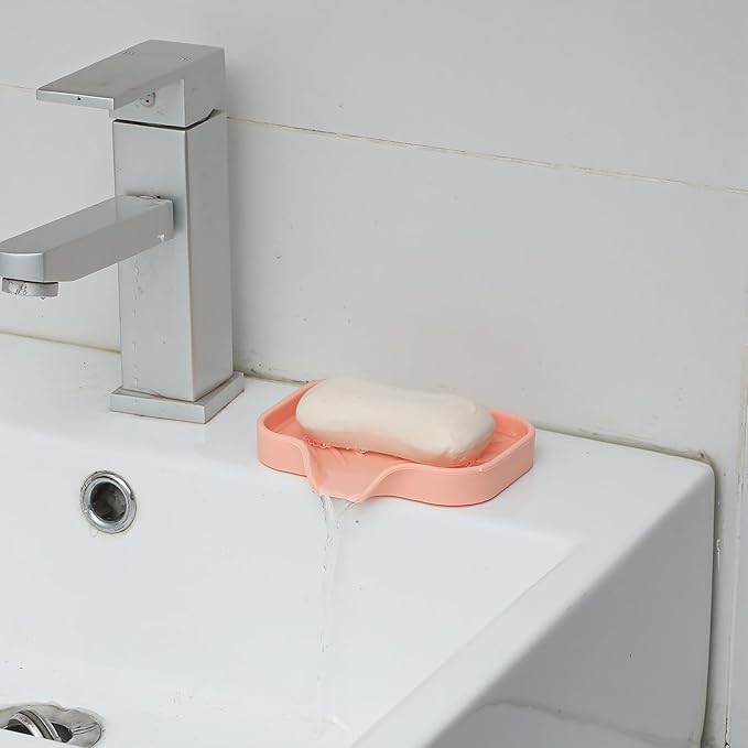 MicoYang Silicone Bathroom Soap Dishes with Drain Spout-Bathroom and Kitchen Sink Organizer,Sponge Holder,Dish Soap Tray,Perfect for Dispenser,Scrubber,Bottle,Cup on Sink or Counter-Pink 4.9"×3.2"