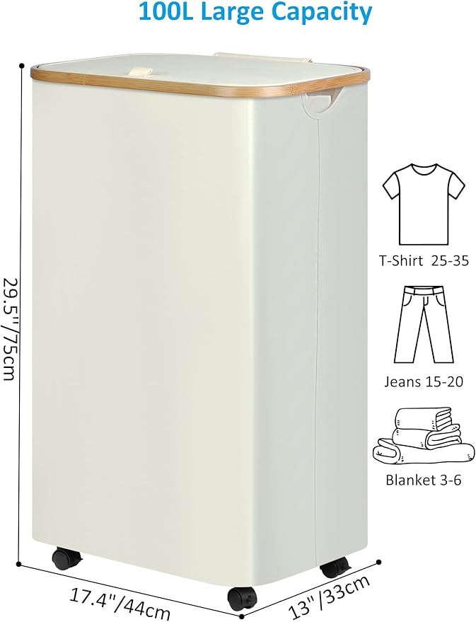 efluky Slim Laundry Basket with Wheels, Narrow Rolling Laundry Hamper with Lid and Removable Bag, Tall Aesthetic Dirty Clothes Hamper on Wheels for Laundry Room, Bedroom, Dorm and Bathroom, 100L Beige