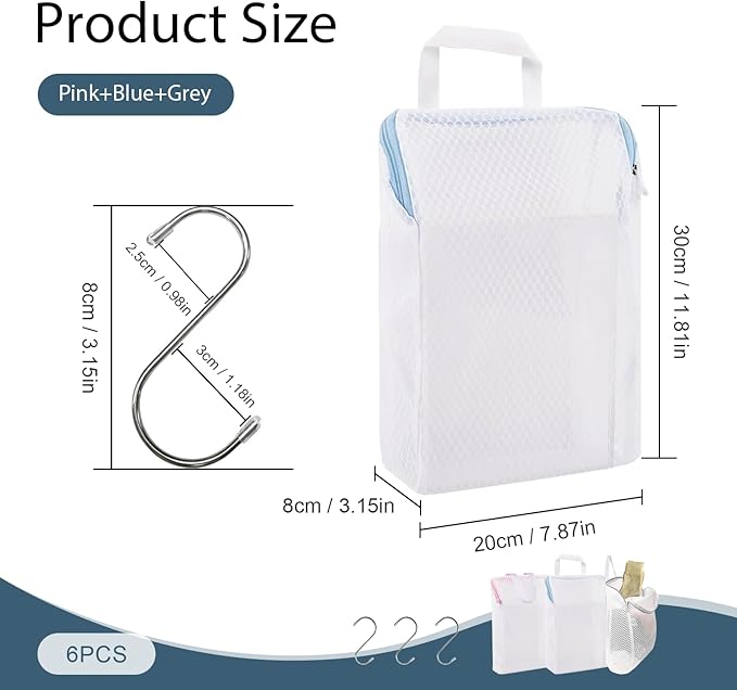 3 Pcs Laundry Bags Mesh Wash Bags with S Hooks,Bra Washing Bags for Laundry, Laundry Bags for Delicates,Sock Bag for Washing Machine,12 x 7.9 Inch (3 Color)