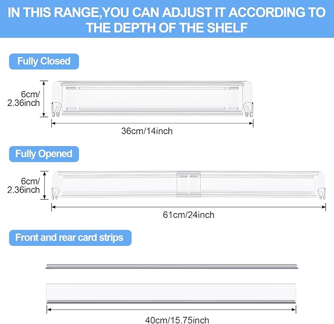 50 Pcs Adjustable Gondola Shelf Drawer Dividers with Front Fence Acrylic Retracting Item Organizer for Shelves Extendable Retail Shelf Divider with Fixed Clips for Store Library, 14" to 24" D