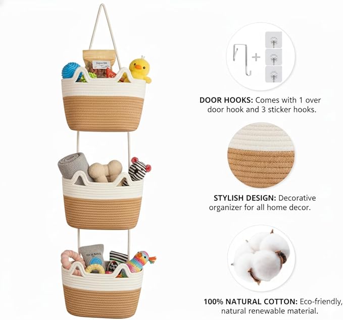 Britwicfr Wall Hanging Baskets, 3-Tier Cotton Over Door Organizer, Decorative Hanging Wall Basket for Wall, Door, Nursery, Living Room, Bathroom, Cat-Like Design Boho Decor, White & Jute