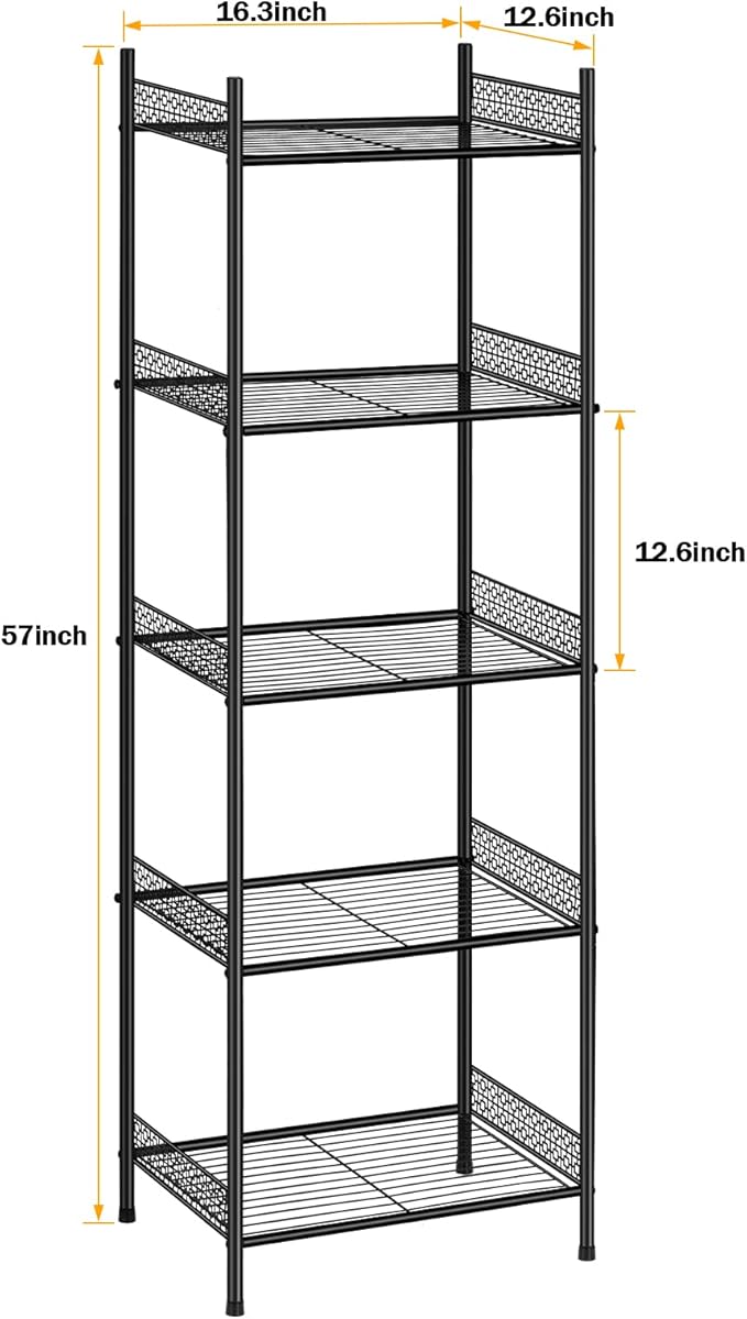 5-Tier Storage Shelf Wire Bathroom Organizers, Heavy Duty Shelving Unit for Pantry Kitchen Bathroom Laundry Room Garage, Organization Home Corner Rack, Black