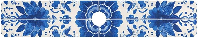 Kitchen Sink Splash Guard 1 PC 30 Inch Sink Faucet Mat Splash Guard for Bathroom Countertop Water Absorbent Foldable Cuttable Soft Washable Floral Blue and White Tile