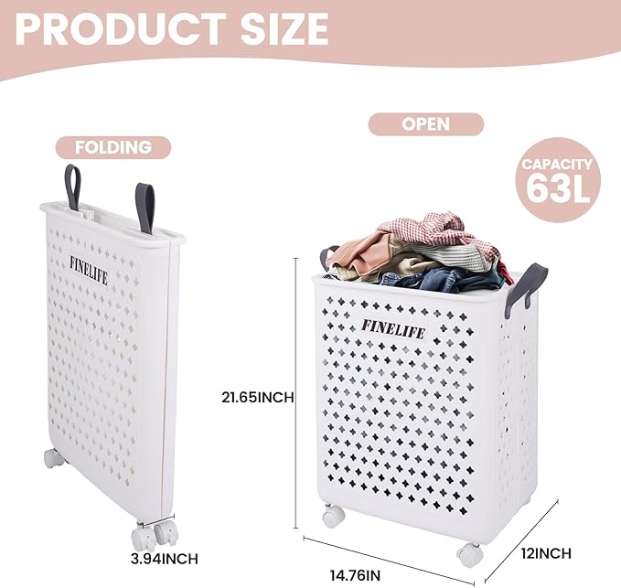 63L Collapsible Laundry Basket with Wheels and Handle, Plastic Foldable Laundry Hamper, Versatile Portable Storage Basket, Space Saving Dirty Clothes Laundry Hamper for Laundry and Bathroom