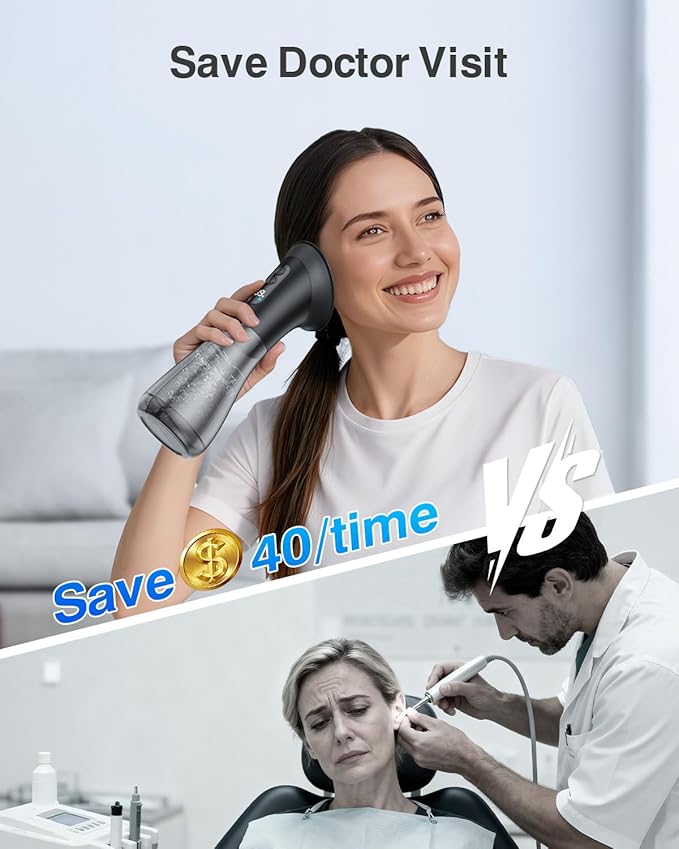 Electric Ear Wax Removal with One-Piece Waste Tank and Smart Display, 3 Targeted Modes, 230ml Detachable Tank, 12 Nozzles -Ear Cleaning Kit IPX7