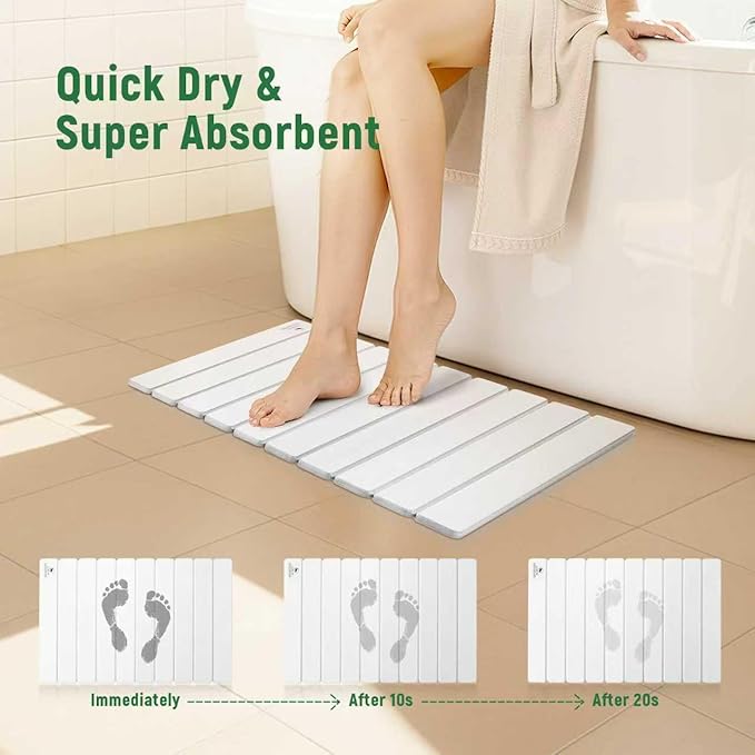 BeeChip Stone Bath Mat for Water Absorption, Foldable Diatomite Stone Mat, Non-Slip & Quick-Drying White Square Bath Mat with Modern Minimalist Style, Easy to Clean, for Bathroom/Kitchen/Hallway