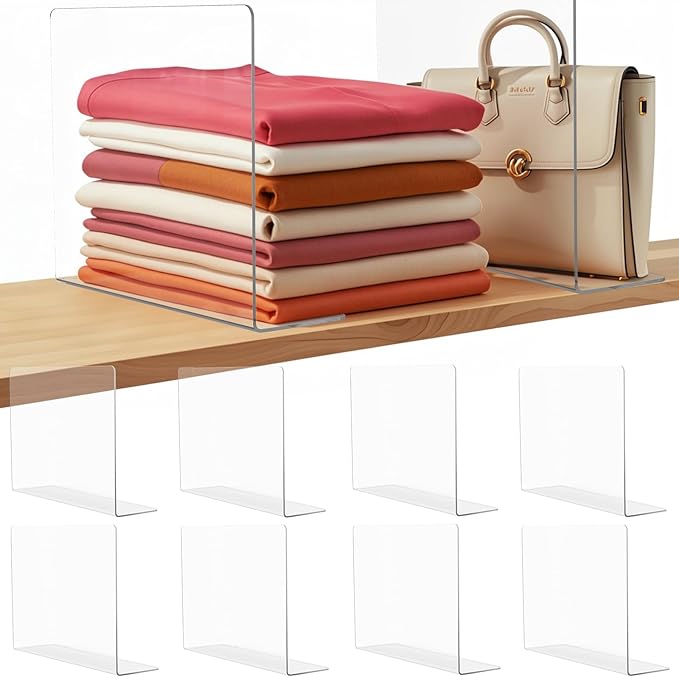 Lebouri Shelf Dividers for Closet Organization: Acrylic Shelf Dividers for Clothes Sweater Purse - Clear Closet Organizers and Storage Separators for Shelves, 8Pack