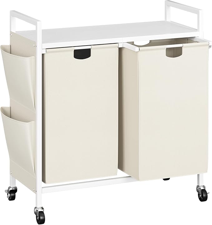 WOWLIVE Double Laundry Hamper with Lid,Rolling Laundry Basket Organizer with Wheels, Iron-Made Laundry Sorter with Top Shelf and 2 Removable Bags,Large Clothes Storage for Room,White