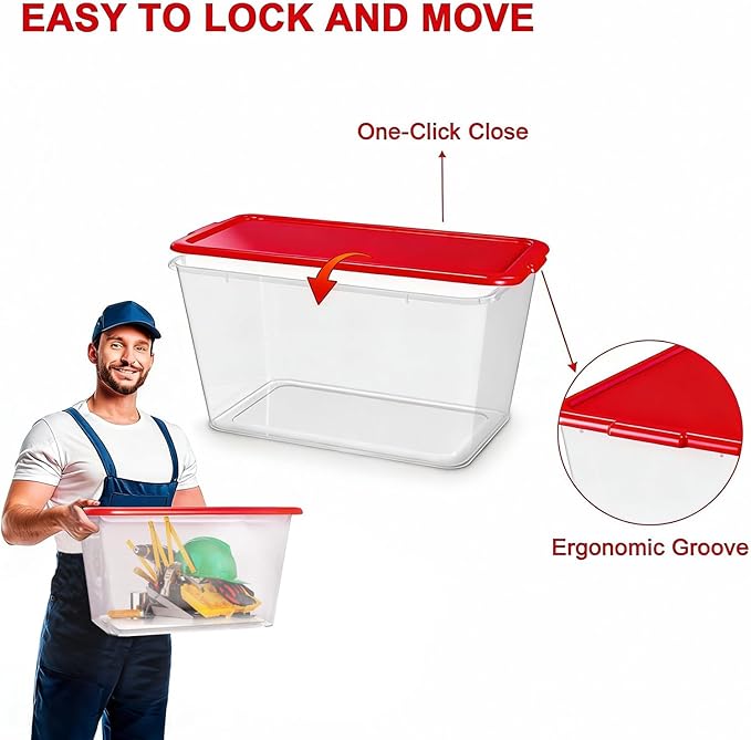 Storage Totes with Lids - Made in USA 14.5-Gallon (58-Quart) 4-Pack Clear Plastic Red Storage Bins Storage Containers Large Storage Boxes Organizer for Home, Office, and Garage Clear/Red