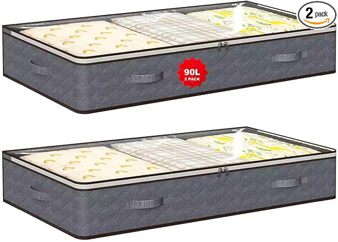 90L Under Bed Storage Containers,2-Pack Closet Organizers and Storage Bins,for Organization and Storage Clothes, Shoes, Blankets & Pillows,Visible Transparent Top Storage Bins with Lids, Grey