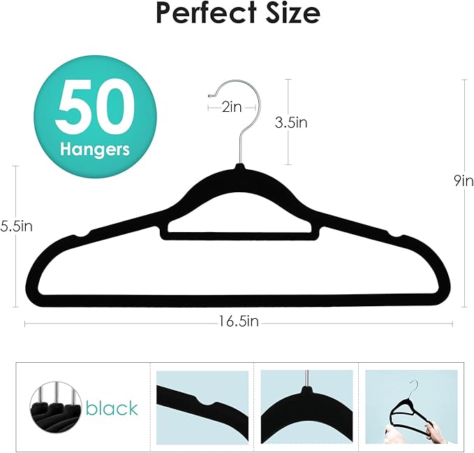 Velvet Hangers Non Slip Felt Hangers, 50 Pack Black Velvet Clothes Hangers Space Saving Slim with 360 Degree Swivel Hook for Suits Coats, Jackets, Pants, and Dress Clothes