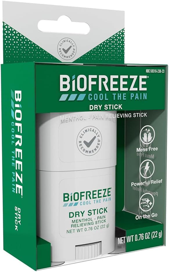 Biofreeze Dry Stick, Mess-Free Relief for Neck, Shoulder, Knee, Hip, Hand & Joint, Cooling Menthol Pain Relief Stick, 100+ Uses (Pack of 2)
