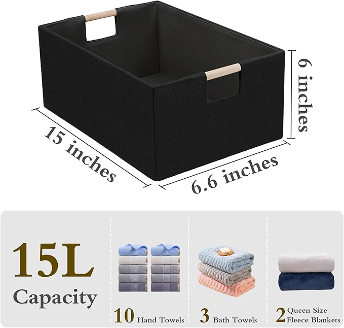 Foldable Fabric Storage Basket for Shelves, Linen Decorative Storage Bin with Wooden Handles, Small Organizer Cube for Closet, Rectangle Canvas Box for Organizing, Decor, 15x10.6x6 Inches (Blcak)