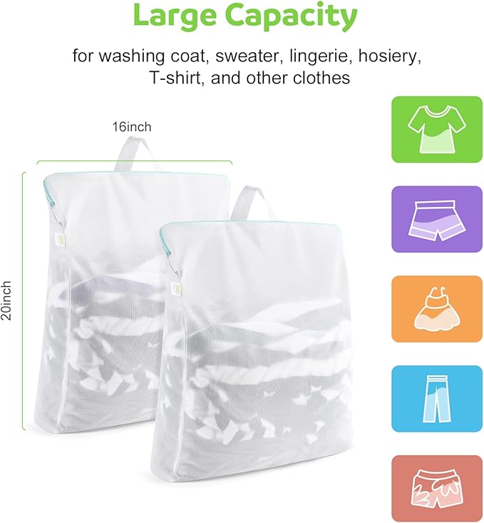 OTraki 2 Pack Mesh Laundry Bag 16x20 inch Wash Bag for Delicates Washing Machine Mesh Bags with Zipper Handle Home Travel Dorm Laundry Bag for Coat Sweater Don't Drying, Melting 140-176℉,White