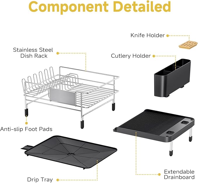 Large Dish Drying Rack - 304 Stainless Steel Dish Rack for Kitchen Counter, Extendable Dish Drainers with Cutlery & Cup Holders, Black