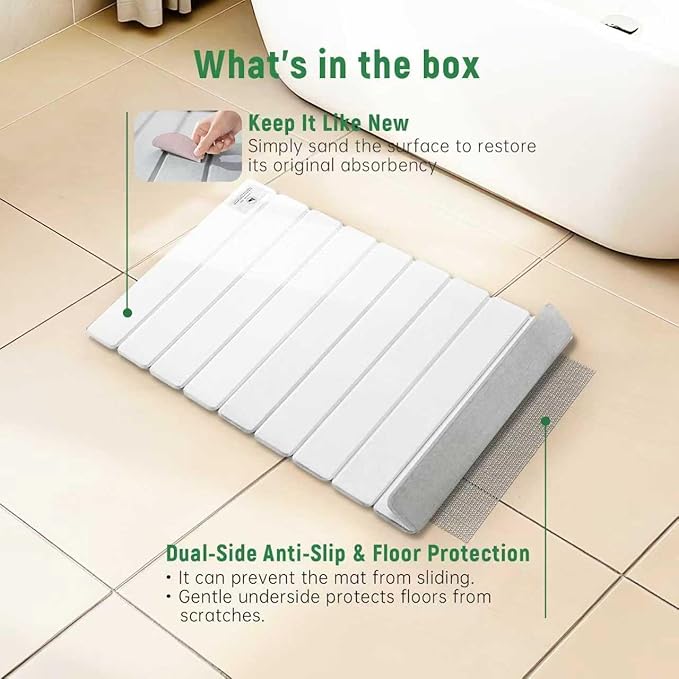 BeeChip Stone Bath Mat for Water Absorption, Foldable Diatomite Stone Mat, Non-Slip & Quick-Drying White Square Bath Mat with Modern Minimalist Style, Easy to Clean, for Bathroom/Kitchen/Hallway