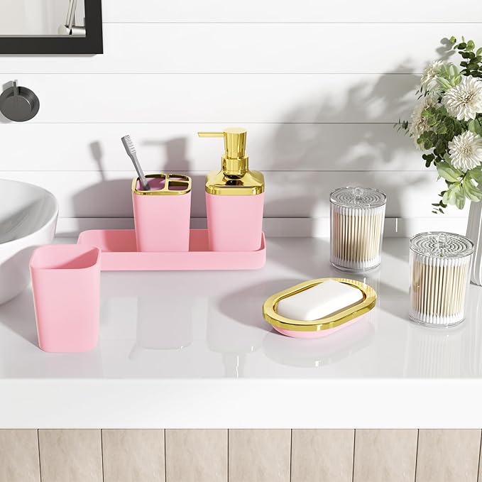 Pink Bathroom Accessories Set, Pink and Gold Bathroom Accessories with Trash Can, Soap Dispenser, Soap Dish, Toothbrush Holder and Q-tip Holders
