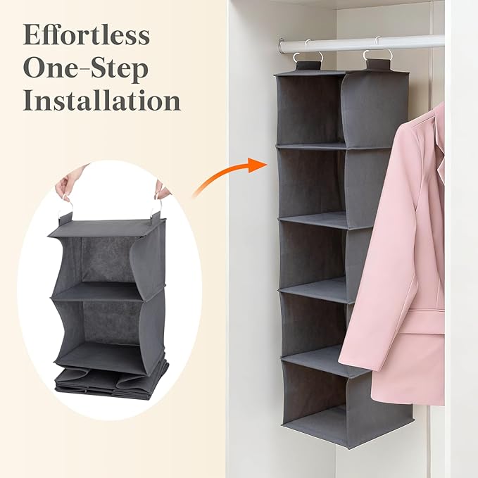 Lifewit 5 Tier Hanging Closet Organizer and Storage for Shelves, Foldable Clothes Storage Shelf with 2 Sturdy Hooks for Clothing Organization, Dorm Room Essentials for Guys, Gray