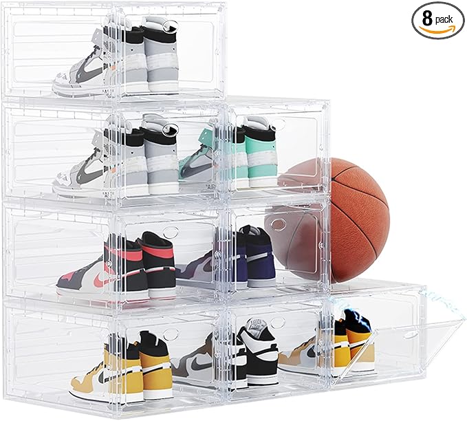US 15 Clear Entryway Shoe Storage Boxes Stackable XXL, 8 Pack Clear Shoe Boxes Stackable for Closet, Drop Front Large Plastic Shoe Containers Collecting Sneakers.