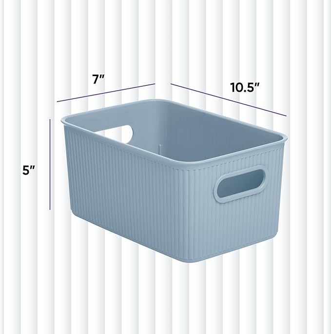 Superio Ribbed Collection - Decorative Plastic Basket Open Home Storage Bins Organizer, Medium Blue (4 Pack) Container Boxes for Organizing Closet Storage Bins for Shelves Drawer Shelf 5 Liter
