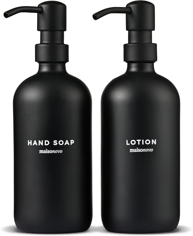 MaisoNovo Soap Dispenser 2-Piece Set | 16.9oz Black Bottles with Black Plastic Pumps