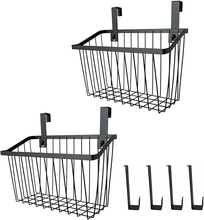 LeleCAT Grid Storage Baskets with Hooks, Over Cabinet Door Organizer, Wire Basket Hanging Storage Organizer, Kitchen Bathroom Organizer (Black, Large)
