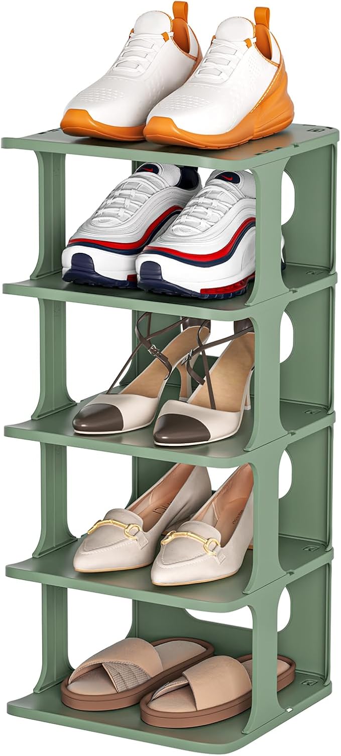 HAIXIN Vertical Shoe Rack Organizer for Entryway, 5 Tier Narrow Small Shoe Rack for Closet, Plastic Compact Shoe Storage for Door - Green