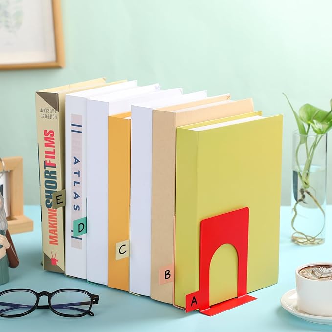 5 Set Metal Book Ends for Shelves Book Shelf Dividers Library Shelf Marker Bookends Stopper Colorful Office Stand Holder for Heavy Books Desk Home Movies Kitchen Cds(Boho)