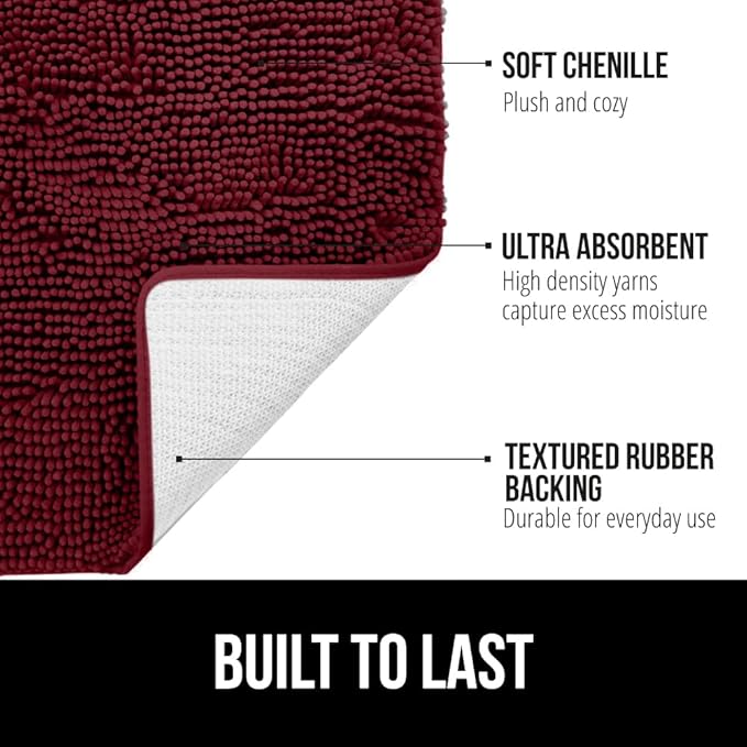 GORILLA GRIP Plush Absorbent Shaggy Chenille Bath Rug Mat for Oval Toilet Base with Rubber Backing, Machine Washable Rugs, Soft Microfiber Contour Mats for Toilets, Bathroom Decor, Burgundy