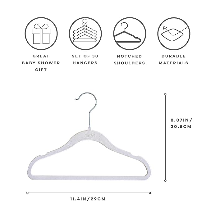 3 Sprouts Velvet Baby Hangers - Non-Slip Hanger for Infant, Toddler, Baby Clothes - Closet Kids Hangers with Slim Design, Nordic Colors, Pack of 30 - White