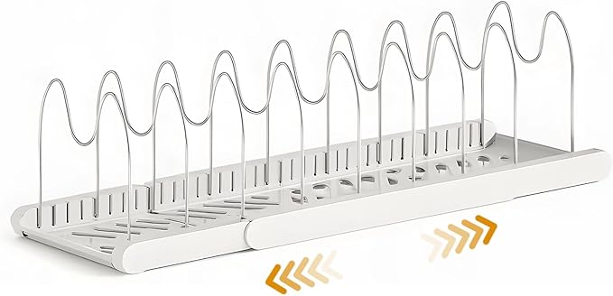 OMISTAR Expandable Pots Pans Organizer Rack, Adjustable Pot Lid Holder with 7 Adjustable Steel Dividers, Cookware Storage Drying Rack for Kitchen Cabinet, Countertop, Baking Pans and Trays