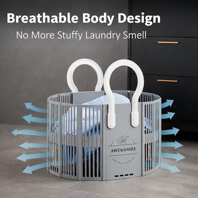 40L Collapsible Plastic Laundry Basket with Strong Handles – Sturdy Space-Saving Design for Daily Laundry Loads, Apartment & Home Use – Grey
