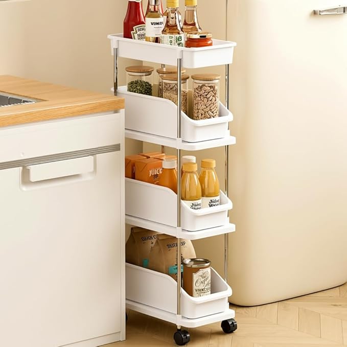 Slim Storage Cart 4 Tier Slim Rolling Utility Cart with Pull-Out Baskets & Wheels for Narrow Space in Kitchen Dining Room Bathroom Laundry Room Cream White (Width 6.3 Inches)