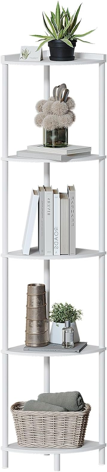 SUNMORY 5 Tier Corner Shelf Stand, Industrial 65" Corner Shelves Display Shelf for Living Room Decor, Wall Corner Bookshelf Multi Unit Organizer, Tall Shelf Plant Stand for Bedroom, Bathroom, White