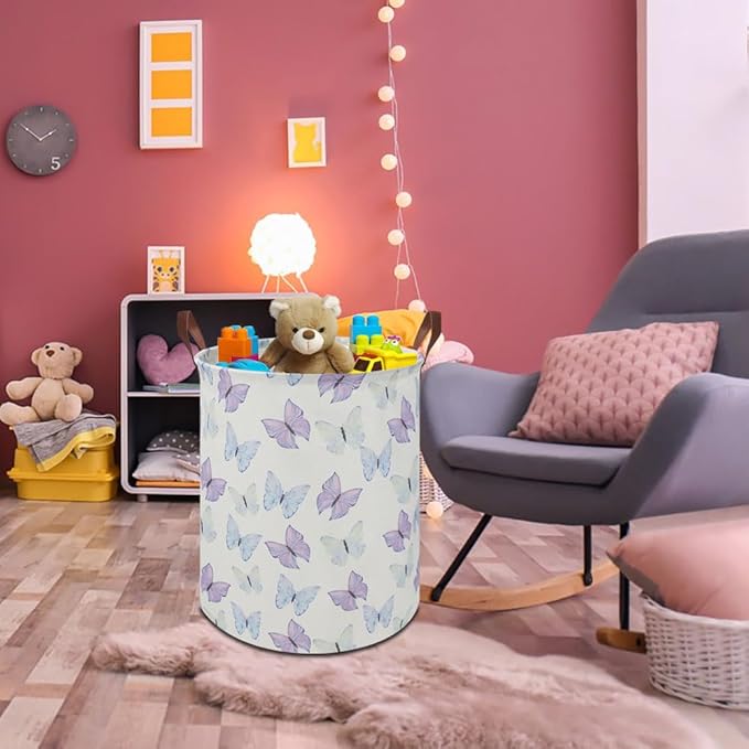 19.7" Butterfly Laundry Basket,Kids Dirty Clothes Hamper,Waterproof Toys Storage Bin,Room Decor,Gift Baskets,Baby Nursery Hamper(Blue & Purple Butterfly)